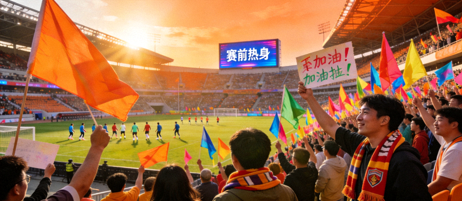 足球场看台坐满观众，赛前球场氛围热烈